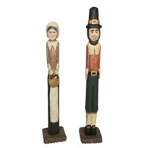Thanksgiving Pilgrim Man & Woman Decor Resin Pencil Figurines Vintage Wangs 8"